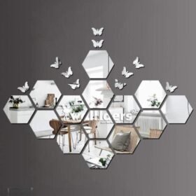 Silver Hexagon Mirror Wall Stickers with Butterflies