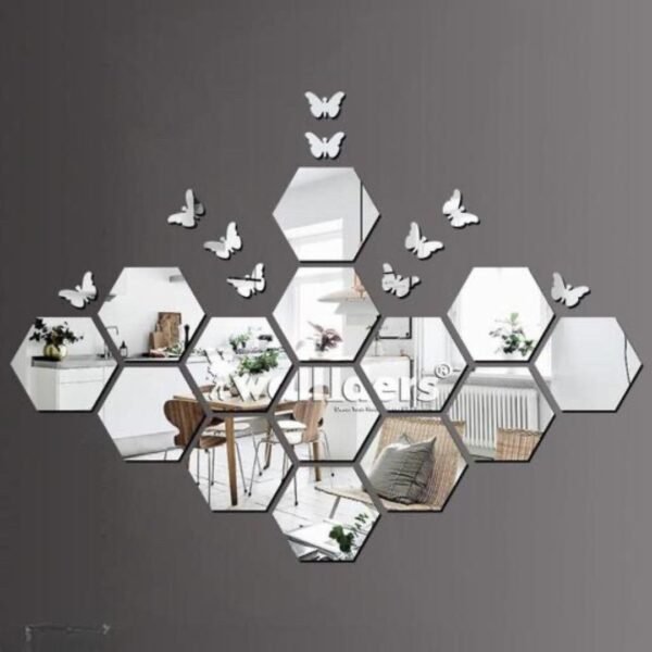 Silver Hexagon Mirror Wall Stickers with Butterflies