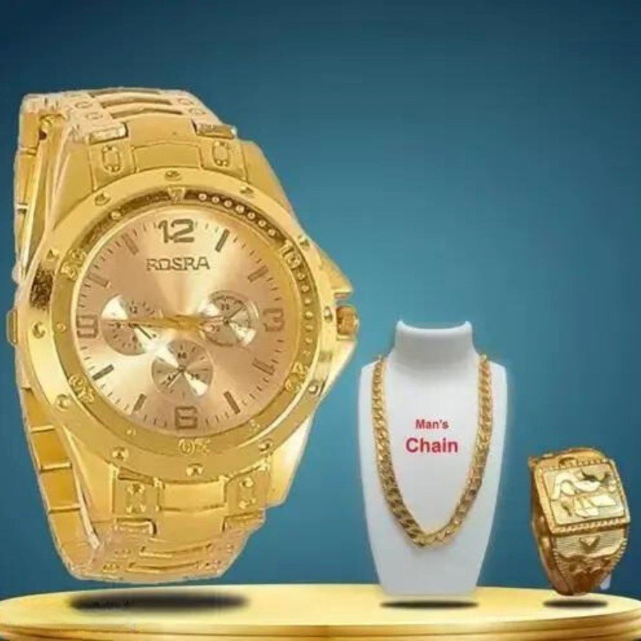 Golden Watch For Men (Ring +Chain Free For Boys)