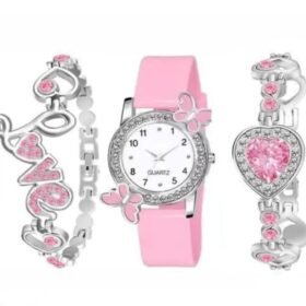 PINK BUTTERFLY WATCH & 2 BRACELET(COMBO)