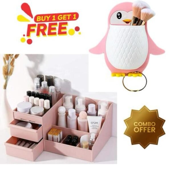 Penguin Shape Stand and Multi-Grid Cosmetic Organizer